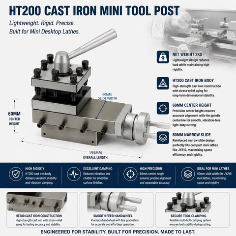 Heavy Duty Lathe Tool Post Assembly Featuring Smooth Cross Slide Motion Plus Dead Nuts Accurate Cast Iron Block Built Tough For Benchtop Hobbyists Handling Tight Spot Machining Jobs