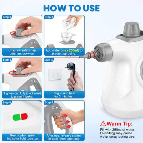 Step-by-step guide on using the No Sweat Handheld Steam Cleaner For Home, Portable Steam Mop for cleaning.