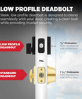 Comparison of Downtown Matte Black Deadbolt Lock With Square Exterior Keyed Front Entry and standard deadbolt protrusion