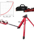 Omnium Over-Drive Lightweight Portable Bike Trainer with travel bag, adjustable wheelbase, fork mount, shown with resistance chart.