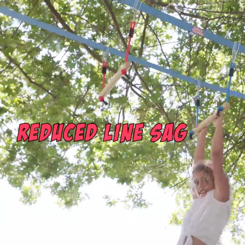 Kid playing on monkey bars with ninja slackline in backyard, marketing text says 'Reduced Line Sag', sunny day.