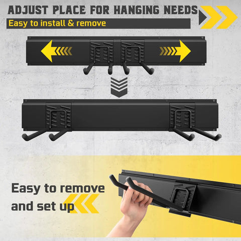 64 Inch Garage Wall Tool Organizer With 900 Lb Heavy Duty Steel Rack 12 Longer And Thicker Hooks Plus 2 Straps shown with adjustable hooks