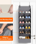 Six Tier Over The Door Shoe Organizer With Deep Fabric Pockets Keeps Your Kicks Neat Holds Up To 12 Pairs Of Sneakers And Boots For Bedroom Closet Or Dorm Room Organization In Gray with bamboo pole and non-woven fabric