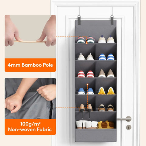 Six Tier Over The Door Shoe Organizer With Deep Fabric Pockets Keeps Your Kicks Neat Holds Up To 12 Pairs Of Sneakers And Boots For Bedroom Closet Or Dorm Room Organization In Gray with bamboo pole and non-woven fabric