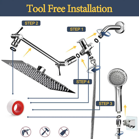 Installation steps for 10 Inch Rainfall Shower Head And Handheld Combo with easy install diagram