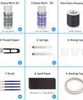 All In One Fishing Rod Repair Kit With Two Part Epoxy Resin 500D Wrapping Thread Clipper And Masking Tape components overview