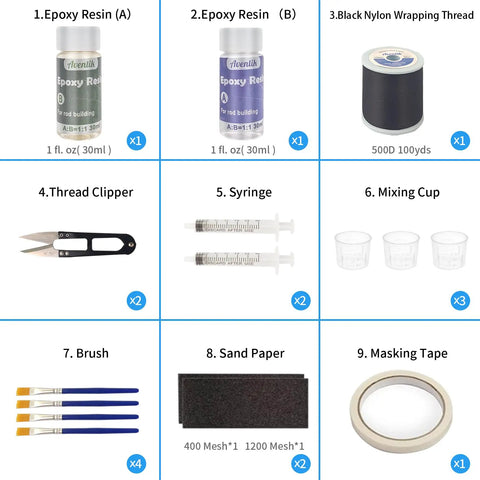 All In One Fishing Rod Repair Kit With Two Part Epoxy Resin 500D Wrapping Thread Clipper And Masking Tape components overview