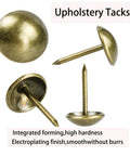 Top Shelf 200 Piece Set Of 5/8 Inch 16 X 20mm Upholstery Tacks Featuring Solid Round Bronze Heads Heavy Duty Iron Furniture Nails Real Deal For Diy Reupholstering Project And Quick Backdrop Pinning Down, showing bronze tacks from different angles.