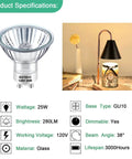 GU10 120V 25W Halogen Bulbs For Wax Warmer Scent Melt Candle Warmer, Dimmable MR16 JDR 2700K Warm White, Pack Of 4. Product specifications with images of bulb and warmer.