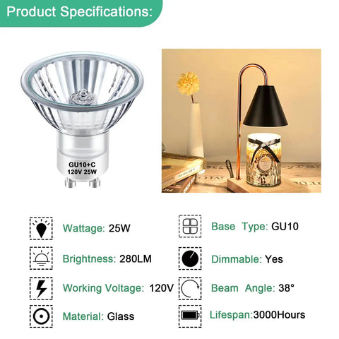 GU10 120V 25W Halogen Bulbs For Wax Warmer Scent Melt Candle Warmer, Dimmable MR16 JDR 2700K Warm White, Pack Of 4. Product specifications with images of bulb and warmer.