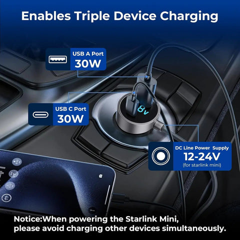 Highway Hero Three In One Car Power Cable For Starlink Mini with USB A and C ports for charging in vehicles.