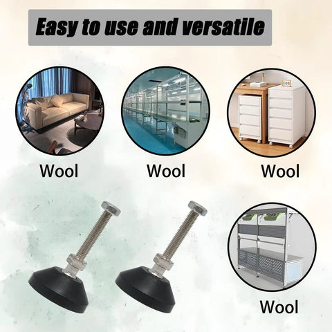 Rock Solid 4 Pack Adjustable M8 x 50mm Leveling Feet Featuring Hella Durable Nylon Bases And Heavy Duty Swivel Casters For Tables Desks Shelves Built Tough To Level Out Your Setup Smoothly displayed with furniture.