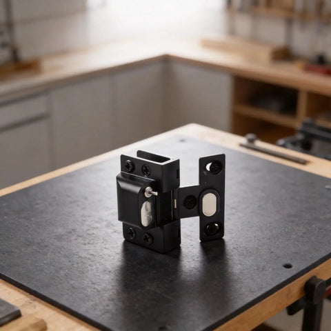 Boss Level Stainless Steel Hydraulic Glass Door Hinge offering no hassle U shape clip installation on a workbench.