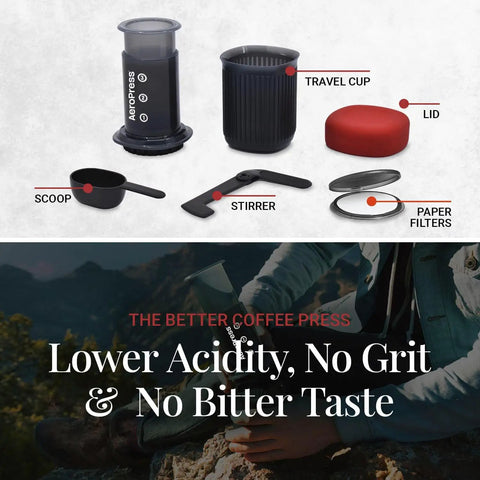 Ultra Portable Travel Coffee Maker Kit For Grab And Go Outdoors All In One French Press Pour Over And Espresso Style Manual Brewer For Camping And Hiking Two Minute Brew For A Less Bitter More Flavorful Cup components displayed.