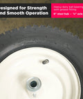 Close-up of a Heavy Duty Wheelbarrow Wheel Replacement 16 Inch XHD 4Ply Tire with 6 Inch Steel Hub and Grease Fitting