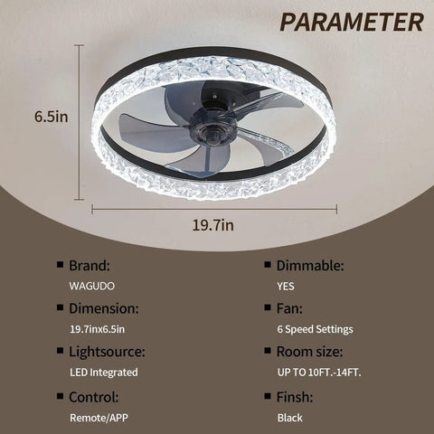 Low Profile Flush Mount Ceiling Fan With Light And Remote Black Round Bladeless Ceiling Fan For Small Rooms 19.7 Inch Span