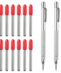 Heavy Duty Tungsten Carbide Scriber Kit With Two No Fuss Etching Pens And Twelve Spare Replacement Tips displaying markers and tips.
