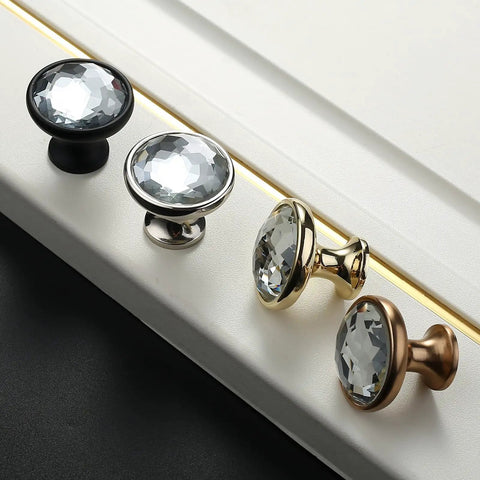 Champagne Bronze Kitchen Cabinet Knobs 10 Pack with Clear Crystal Dresser Drawer Knobs in four metallic finishes on a white surface