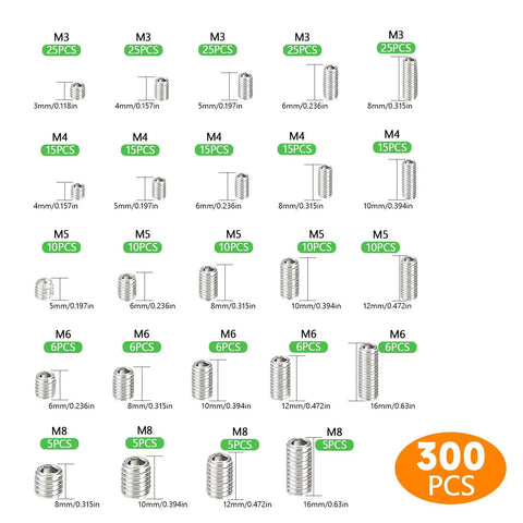 Assortment of 300 pieces set screws with 24 sizes in metric and SAE for bathroom fixtures and plumbing, stainless steel