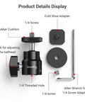 1/4 Inch Camera Hot Shoe Mount With Ball Head And Extra 1/4 Inch Screw, Dual Pack, showing components and adjustable features