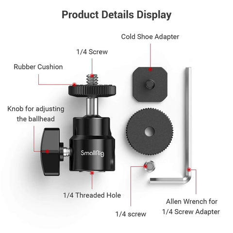1/4 Inch Camera Hot Shoe Mount With Ball Head And Extra 1/4 Inch Screw, Dual Pack, showing components and adjustable features