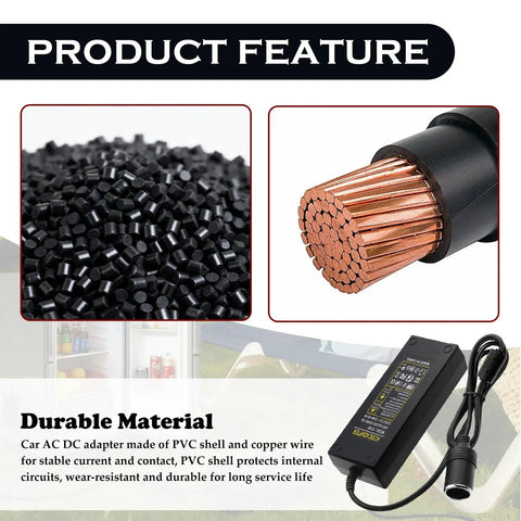Straight Out The Outlet To Ride Ready Power This Heavy Duty Three Pin AC To DC Converter shows PVC shell and copper wiring for durability.