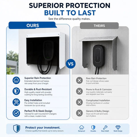 Rock Solid Weatherproof EV Charger Cover Wall Mounted Outdoor Shelter showing superior rain protection and sleek design comparison.