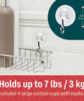 Close-up of one of four heavy-duty suction cup hooks holding a wire basket in a shower, labeled for 7 lb capacity.