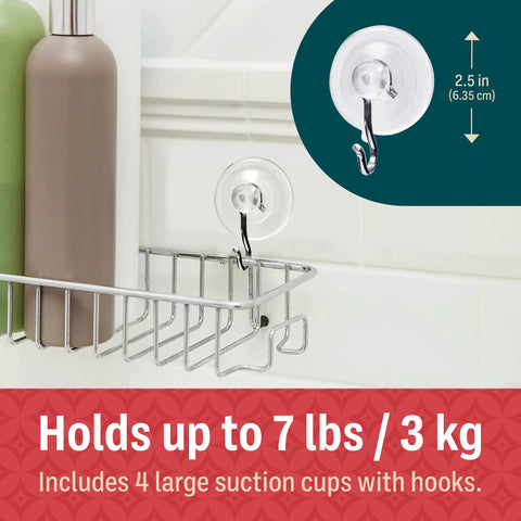 Close-up of one of four heavy-duty suction cup hooks holding a wire basket in a shower, labeled for 7 lb capacity.