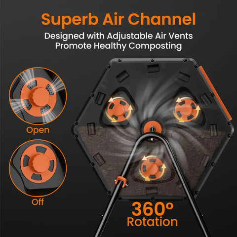 Two Chamber 45 Gallon Compost Tumbler With 360 Degree Rotation Large Outdoor Bin showing adjustable air vents and rotation