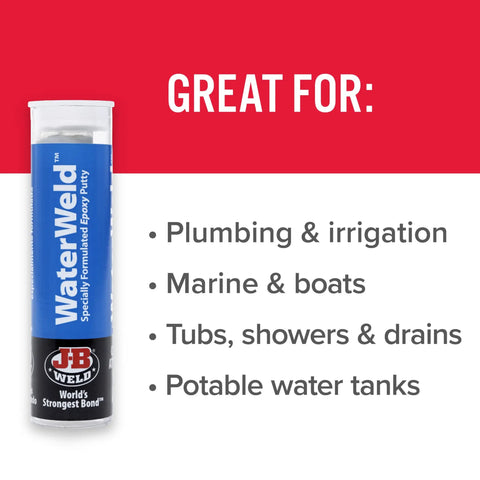 Image of WaterWeld Epoxy Putty Stick 2 Oz Hand Mixable Two Part Underwater Repair Compound For Plumbing Leaks Tubs Drains Pools Boats And More NSF Certified No Mess Easy DIY Fix with a list of uses for plumbing, marine, and potable water tanks.