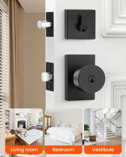 Matte Black Exterior Door Lock Set with Deadbolt built to last, featuring front door knob with lock and key, reversible entry hardware.