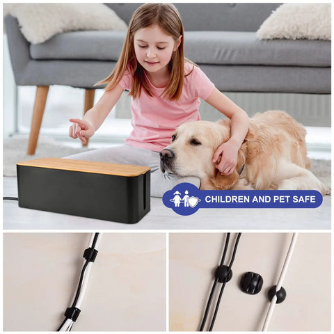 Child with dog near Wooden Style Large Cable Management Box For Hiding Wires And Power Strips, Desk And Computer Cord Organizer.