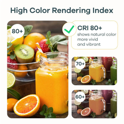 Fresh fruit juices showcasing high color rendering index with CRI 80+ for vibrant and vivid colors.