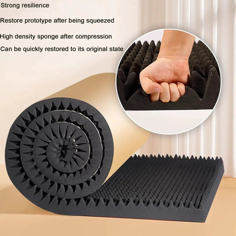 Heavy-Duty Self-Adhesive Acoustic Panels For Home Studio And Gym Wall Sound Proof Padding With Built Different Quick-Recovery Noise Canceling Foam rolled up showing strong resilience and compression recovery.