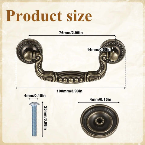 Bronze Vintage Drawer Pull Handles Set Of 4 With Mounting Screws Antique Drop Bail Hardware dimensions and close-up