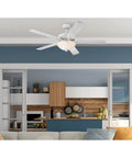 Classic 52 Inch LED Ceiling Fan With Light Kit, Crisp White Finish, Frosted Glass, Reversible Blades in Modern Kitchen Setting