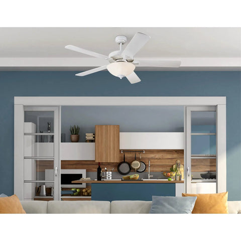 Classic 52 Inch LED Ceiling Fan With Light Kit, Crisp White Finish, Frosted Glass, Reversible Blades in Modern Kitchen Setting