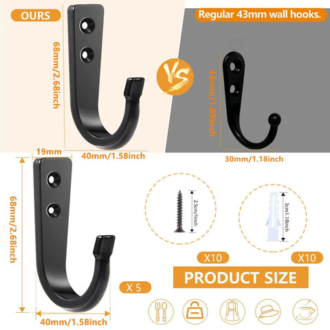 Comparison of Heavy Duty Wall Hook Set For Hanging Coats, Backpacks, Pans, And Garage Gear, Extra Large Zinc Alloy, Black Finish