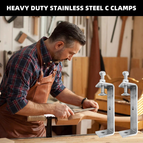 Woodworker using 2 Pack 304 Stainless Steel C Clamps With 120mm Wide Jaw Opening Heavy Duty Clamps in workshop