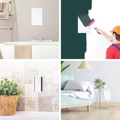 Heavy Duty ABS Plastic Access Panel For Drywall 8X16 Inch in various home settings including bathroom and living room.