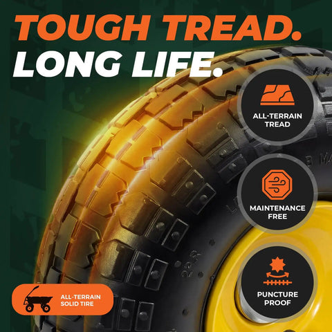 Close-up of all-terrain tire on Beefy Garden Dump Cart With 1400LB Capacity For Lawn And Landscaping Towable Utility Wagon