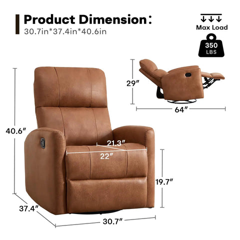 Dimensions of Swivel Rocker Recliner Chair With Faux Leather, Manual Glider, 360 Degree Swivel, Nursery Friendly For Adults