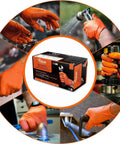 8 Mil Orange Diamond Textured Nitrile Gloves For Heavy Duty Auto And Industrial Tasks 100 Count Extra Size used in various tasks.