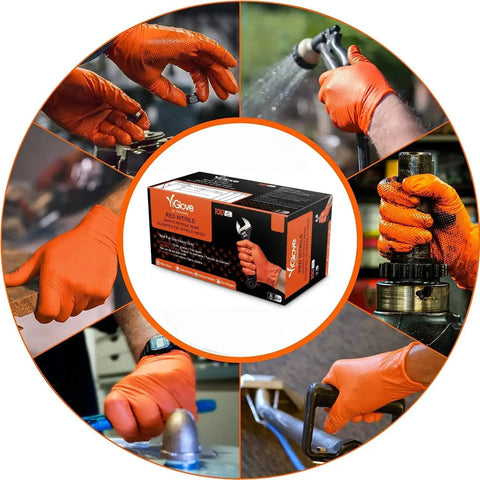 8 Mil Orange Diamond Textured Nitrile Gloves For Heavy Duty Auto And Industrial Tasks 100 Count Extra Size used in various tasks.