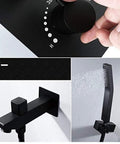 Solid Black Thermostatic Shower Mixer Set Rain And Waterfall Head Embedded Faucet Featuring Heavy Brass Body Jets Built Different For Real Deal High Pressure Flow, close-up of temperature control knob and showerhead.