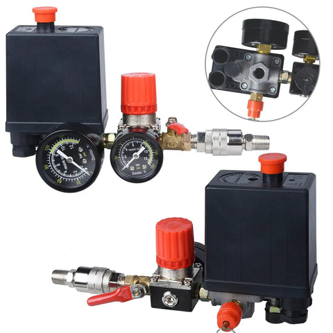 Air Compressor Pressure Switch With Four Way Valve Regulator, 0-180 PSI Adjustable, Safety Relief Valve, On Off Red Switch