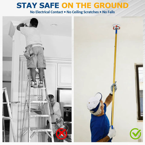 Images showing safe use of Extra Long 11 Foot Smoke Detector Removal Tool With Two Interchangeable Heads And Pro Gear Bundle.
