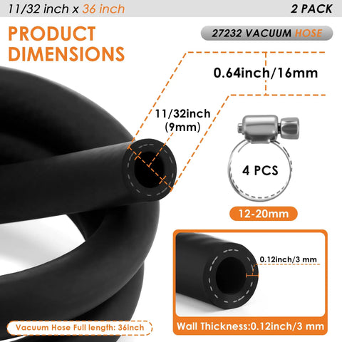 Image showing detailed dimensions of a Two Pack 11/32 Inch By 36 Inch Brake Booster Vacuum Hose Kit with clamps for passenger cars and trucks.