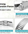 stainless steel hose clamps with strong torsion force and secure fastening screws for locking pipes in place, preventing damage to hoses